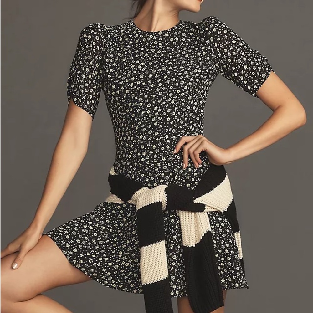 Reformation Black and White Puff Sleeve Mini Dress